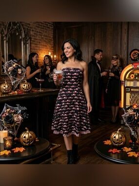 Folter Black Pink Hearse Print Strapless Fit & Flare Dress Tulle Hem Rockabilly